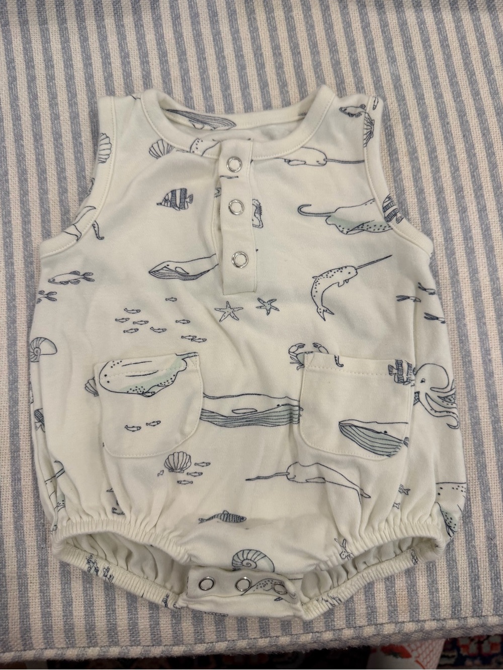Pehr, Baby Nautical Romper in Off-White with Navy Sea Life Print, Size 3-6m